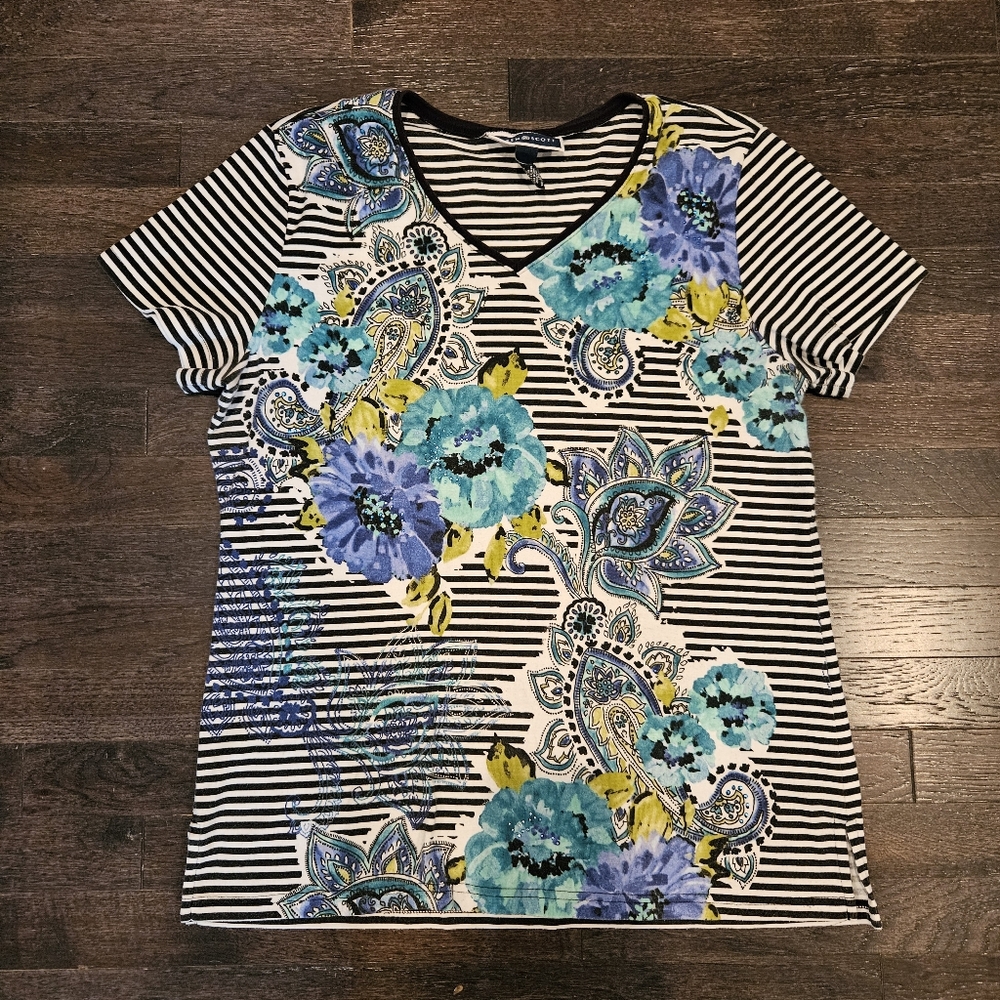 Karen Scott - Navy Striped T-Shirt w/Embellishments, Flowers, Paisley- SZ XL